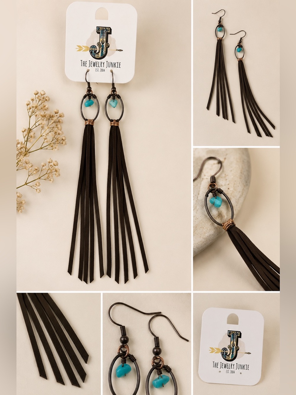 NWT Leather Tassel Fringe Earrings with Turquoise | Western Boho | Cowgirl